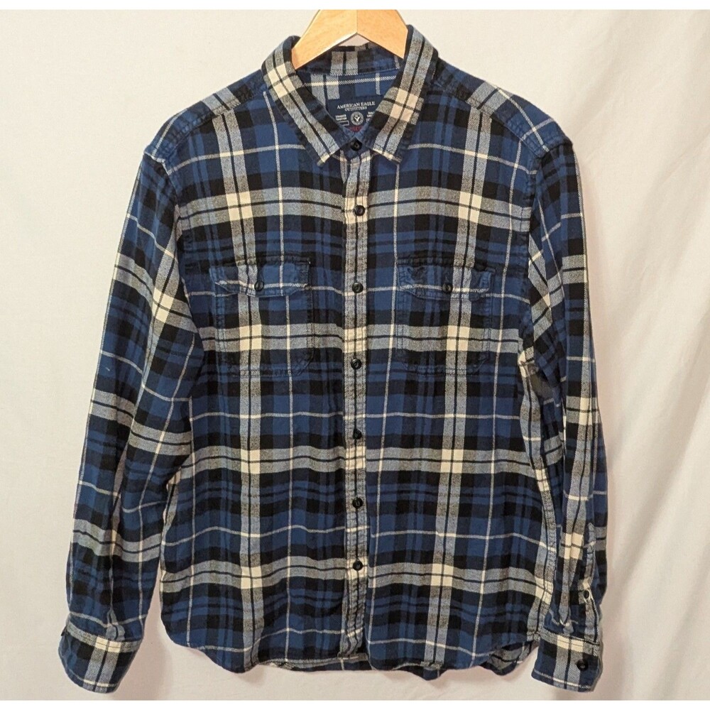 American Eagle Outfitters Flannel Shirt Mens XL Blue Plaid Athletic Fit Y2K